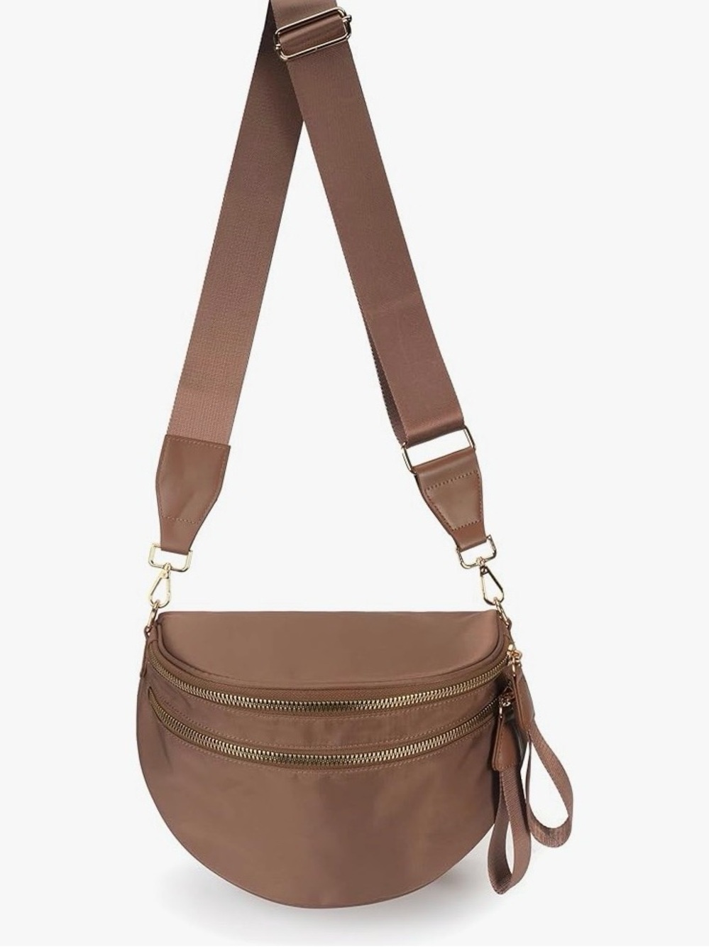 Wide-Strap Brown Crossbody Bag with Dual Zip Pockets